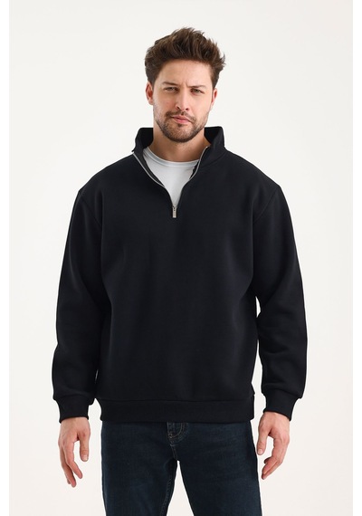 Genius Store Unisex Sweatshirt Rahat Kesim Pamuklu Içi Polarlı Yarım Fermuarlı Dik Yaka Sweatshirt Siyah
