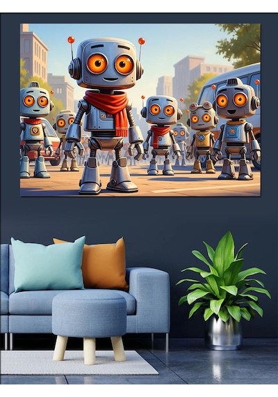 Modern Robot Çocuklar Ve Şehir Dekoratif Kanvas - Mdf Ahşap Tablo