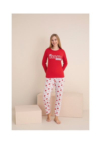 Rindahomewear Kadın Cıleklı Baskılı Süprem Uzun Kol Pijama Takımı Kırmızı