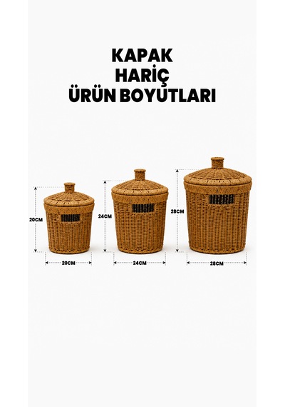 3 Adet Kapaklı Patates Soğan Sarımsak Sepeti - Hasır Rattan Dekoratif Düzenleyici - Ekstra Kaliteli Çelik Hasır Diğer