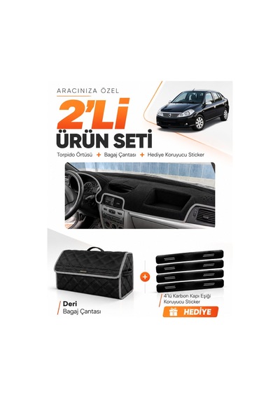 Renault Symbol Airbagsiz 2008-2011 Uyumlu Torpido Örtüsü + Deri Bagaj Çantası Seti - Siyah Gri