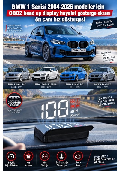 Bmw 1 Serisi 2004-2026 Modeller İçin Obd2 Head Up Display Hayalet Gösterge Ekranı Ön Cam Hız Göstergesi