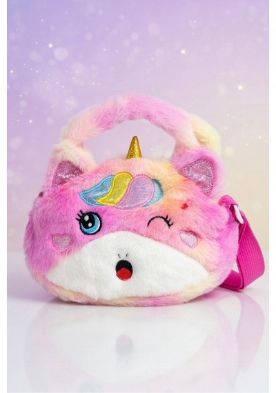 Mollycrush Kız Çocuk Renkli Peluş Çanta Unicorn Tasarımlı Ayarlanabilir Askılı Omuz Ve El Çantası Pembe