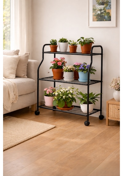 Modern Siyah 3 Katlı Metal Tekerlekli Mutfak Ve Dekoratif Saksılık Çiçeklik Dayanıklı Raflı Stand-organizer Siyah
