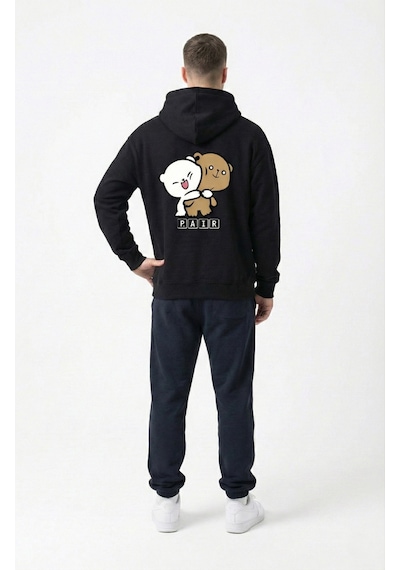 Unisex Oversize Ayıcık Baskılı Çift Hoodie Siyah