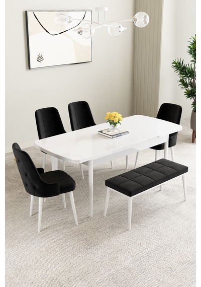 Clara Beyaz 80x132 Açılabilir Mdf Masa Yemek Odası Takımı,mutfak Takımı 4 Sandalye 1 Bench Siyah Clara Beyaz 80x132 Açılabilir Mdf Masa Yemek Odası Takımı,mutfak Takımı 4 Sandalye 1 Bench Siyah