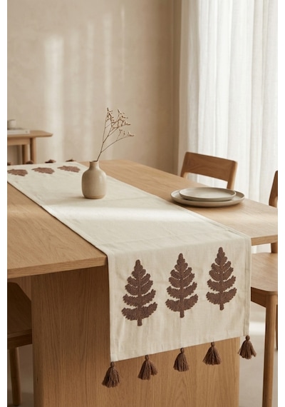 Hayat Ağacı Nakışlı Püsküllü Buldan İşi Pamuk Runner Masa Örtüsü 40x130 Cm Kahverengi