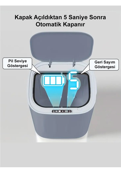 Greentech Sensörlü 28 Litre Çöp Kovası Şarj Edilebilir Lityum Pilli / Gt-sc07 Gri Antrasit - Gri