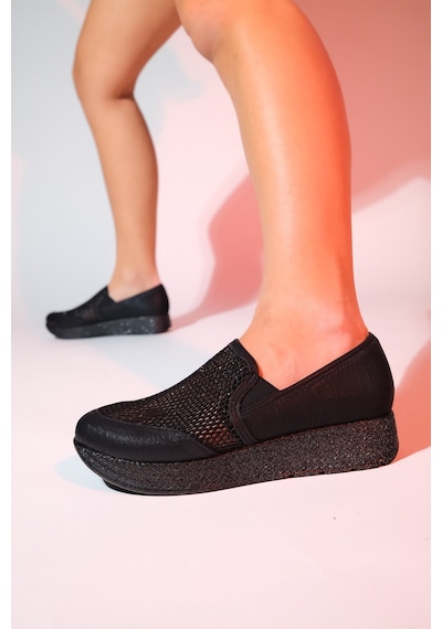 Luvishoes Purcan Siyah Simli Fileli Kalın Tabanlı Kadın Günlük Ayakkabı Siyah