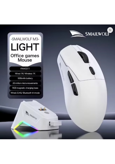 Smailwolf M3 Pro Plus Kablosuz Oyuncu Mouse Paw3311 Sensör - 3 Modlu 12000 Dpı Manyetik Şarj Standlı Rgb 65g Ultra Hafif Fare 1000hz 1k Hız