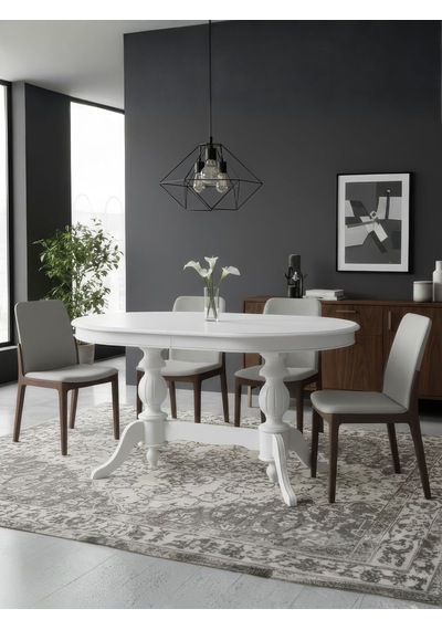 Lindon Çift Baba Ayaklı Açılır Masif Ahşap Oval Yemek Masası 100x170 Beyaz Lindon Çift Baba Ayaklı Açılır Masif Ahşap Oval Yemek Masası 100x170 Beyaz