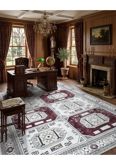 Geometrik Panel Desenli Krem Ve Bordo Etnik Halı - Ar848cr Krem - Bordo