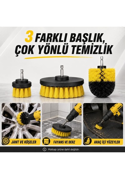 3 Lü Matkap Ucu Temizleme Fırçası Seti, Altıgen Bağlantılı Sert Kıllı Banyo, Fayans, Derz, Duşakabin Ve Araç Jant Temizlik Başlıkları