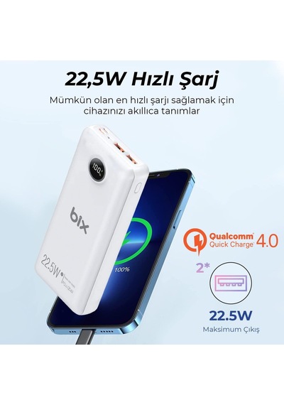 Pb201 Üç Portlu 20000mah 22.5w Süper Hızlı Şarj 4.0 Pd Giriş/çıkışlı Led Göstergeli Powerbank Beyaz