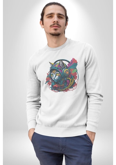 Kulaklık Kedi Müzik Tekir Unisex Beyaz Baskılı Sweatshirt Beyaz