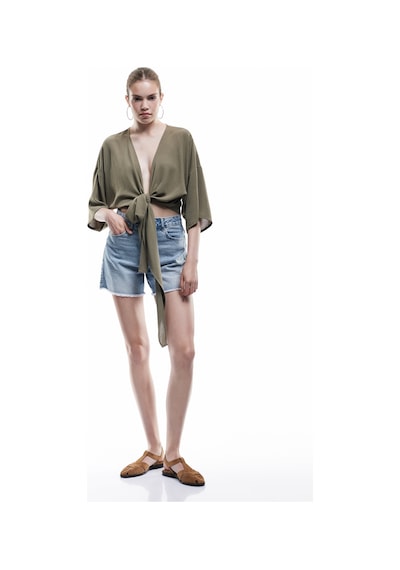 Koton Kısa Kollu Kruvaze Yaka Bağlama Detaylı Oversize Kimono Haki 5sal50003ıw Haki