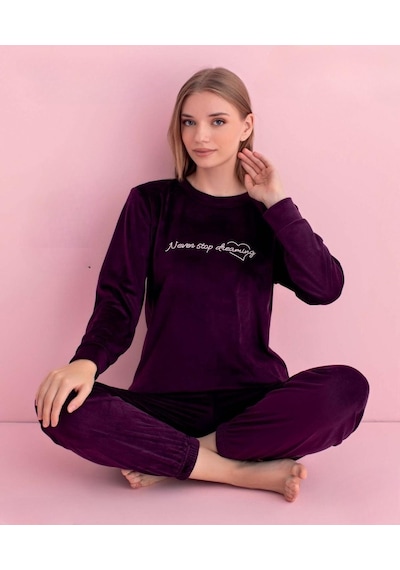 Pijamerry Kadın Kışlık Bisiklet Yaka Kadife Pijama Takımı 3042m - 1 Adet Mor