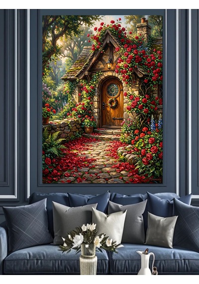 Güllü Kapılı Masal Evi Bahçesi Dekoratif Kanvas - Mdf Ahşap Tablo