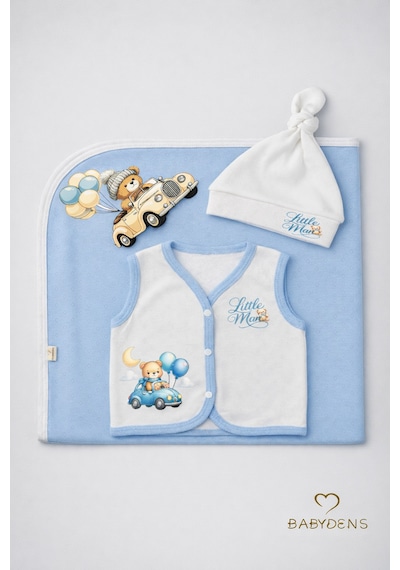 Babyden's Erkek Bebek 3 Lü Set Yenidoğan Bebek Seti, Jakarlı Battaniye, Şapka, Yelek 3-6 AY