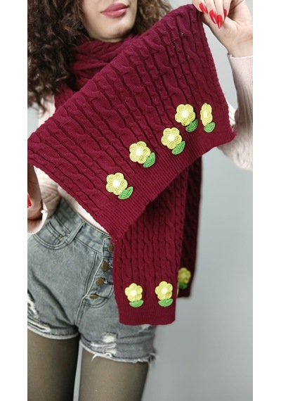 Gönülden Tasarım Bordo Örme Triko Çiçekli Kadın Şal Atkı Boyunluk 200x30 Cm Renkli
