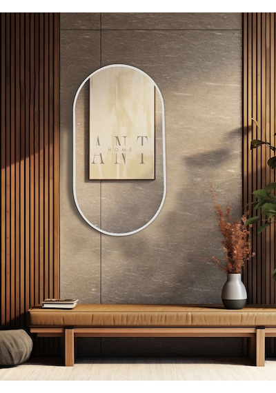 Ant Home Dekoratif Ayna, Duvar Aynası, Konsol Aynası, Mdf, Elips Ayna, Çerçeveli Ayna 80x40 Cm Beyaz