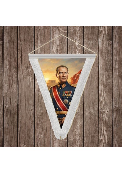 Askeri Üniformalı Atatürk Portresi Beyaz Saçaklı Üçgen Flama Bayrak Hatıra Flama Ata75 Diğer