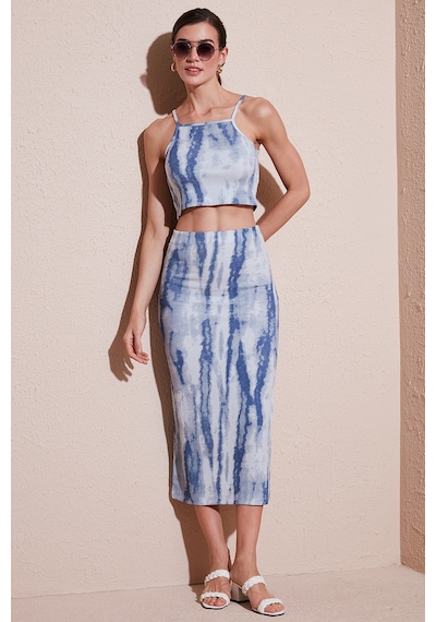 Lela Slim Fit Ip Askılı Yırtmaçlı Midi Alt-Üst Bayan Takım 5869021 Indigo