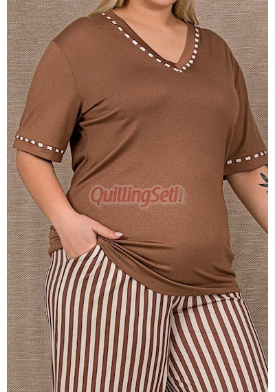 Lady Kahverengi Çizgili Desenl 11061 Kısa Kol Kadın Büyük Beden Anne Pijama Takımı Lady Kahverengi Çizgili Desenl 11061 Kısa Kol Kadın Büyük Beden Anne Pijama Takımı