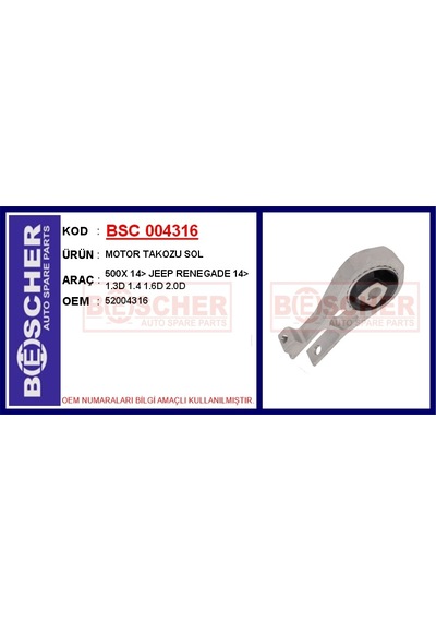 Bsc 004316-99 Motor Takozu Sol Fiat 500x 2014 Ve Sonrası Jeep Renegade 2014 Ve Sonrası 1.3d 1.4 1.6d 2.0d 52004316-51938568-51999638 Bsc 004316-99 Motor Takozu Sol Fiat 500x 2014 Ve Sonrası Jeep Renegade 2014 Ve Sonrası 1.3d 1.4 1.6d 2.0d 52004316-51938568-51999638