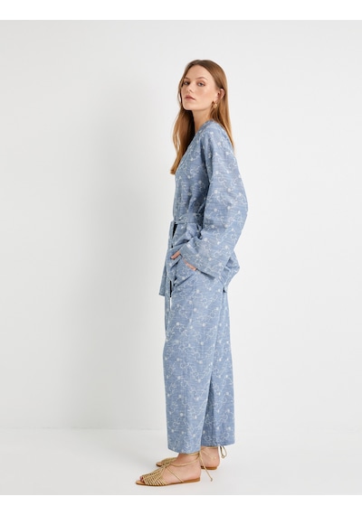 Koton Culotte Pantolon Beli Lastikli Cep Detaylı Çiçek İşlemeli Mavi 4sak40156pw Mavi