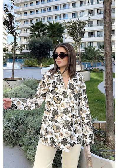 Kadın Haki Desenli, Uzun Kol, Düğme Kapamalı, Kruvaze Ceket Kahve