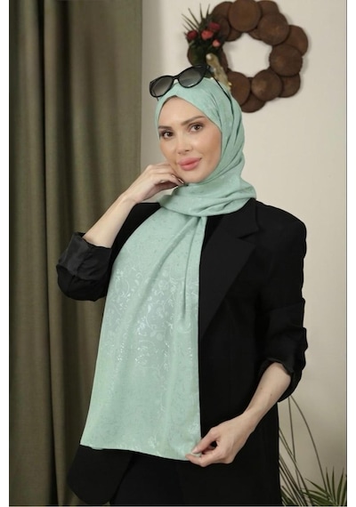 Flora Tekstil Çiçekli Desen İnce Medine İpeği Jakar Şal Mint Yeşili