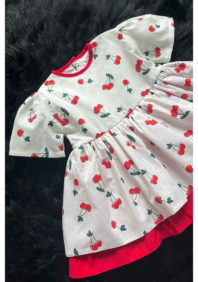 Kiraz Desenli Poplin Kız Çocuk Bebek Elbise 001