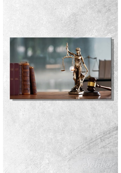 Adalet Tanrıçası Themis Heykeli, Hukuk Kitapları Ve Yargıç Tokmağı Temalı Yatay Kanvas Tablo 4817 Çok Renkli