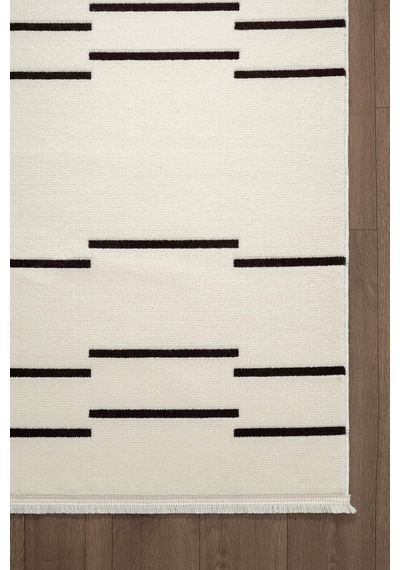 Look Black Lb003w Krem Halı Siyah Dekoratif Çizgili Modern Desen Akrilik Yumuşak Tozuaz Salon Halısı-893 Krem