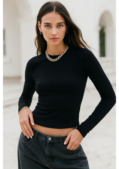 Rich Kadın Siyah Bisiklet Yaka Esnek Kumaşlı Vücuda Oturan Slim Fit Uzun Kollu Crop Body Siyah