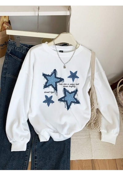 Uyguntarz Unisex Yildizlar Baskılı Oversize Sıfır Yaka beyaz