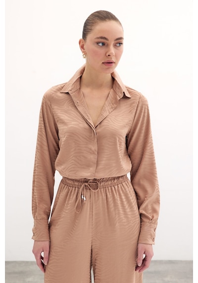 Sateen Desenli Düz Klasik Gömlek - Camel