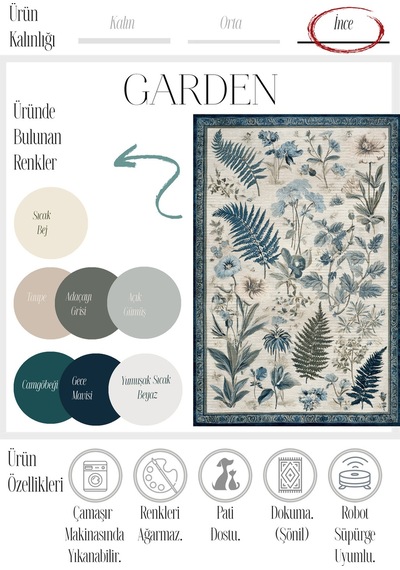 Garden 814 Bej Mavi Botanik Çiçekli Halı Yıkanabilir İnce Dokuma Taban Salon Oturma Odası Halısı