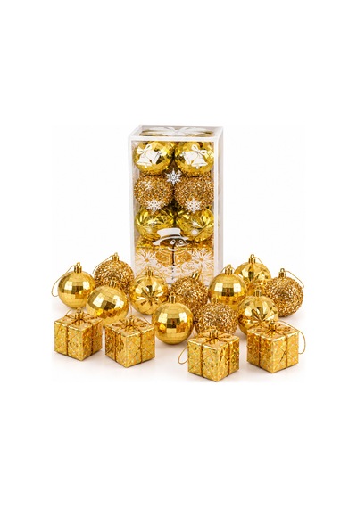 Bakgelal 16 Parça Lüks Gold Yılbaşı Ağaç Süsü Seti - 12 Adet 6 Cm Parlak / Prizmatik Top Süs & 4 Adet 6 Cm Hediye Paketi Küp Süs - 9058202780405