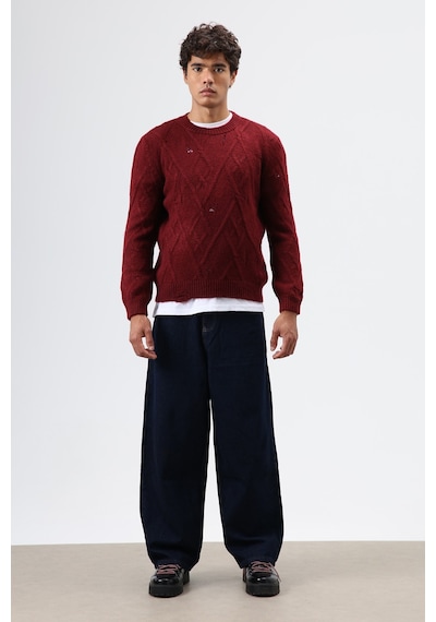 Vamos Oversize Desenli Triko Kazak Bordo
