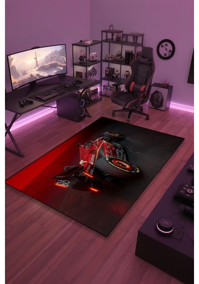 Formula 1 Kırmızı Yarış Arabası Halı Kaymaz Taban Yıkanabilir Modern Salon Halısı F1.1