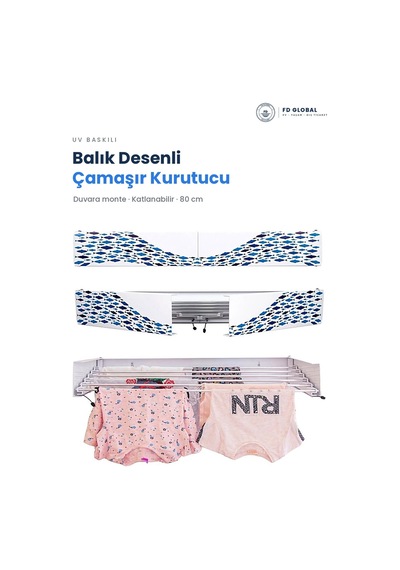 Fd Global Balık Desenli Duvara Monte Katlanır Çamaşır Kurutma Askısı 80 Cm Balkon Askılık Lacivert Lacivert
