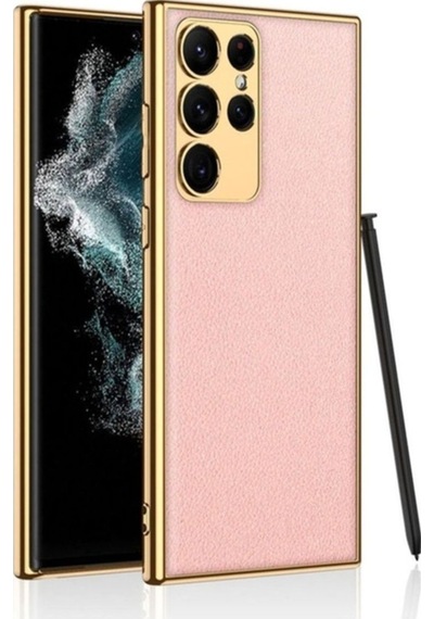 Galaxy S23 Ultra Kılıf Deri Görünümlü Kenarları Elektroplating Kaplama Zore Fizyon Kapak Pembe