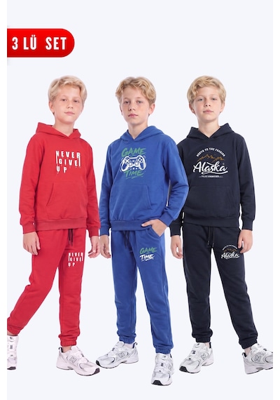 Fyk Kids Erkek Çocuk 3'lü Baskılı Kanguru Cepli Kapüşonlu Eşofman Takımı Kırmızı-sax-lacivert Fyk Kids Erkek Çocuk 3'lü Baskılı Kanguru Cepli Kapüşonlu Eşofman Takımı Kırmızı-sax-lacivert