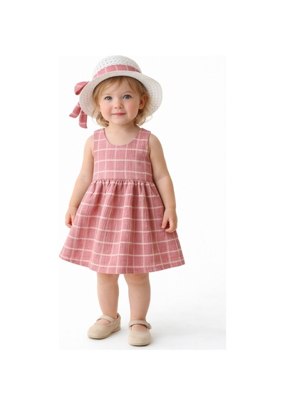 Chicsy Baby Tatlı Kız Bebek Ekose Tarz Elbise Şapkalı Fiyonk Detaylı Yazlık 2 Li Kombin Pembe