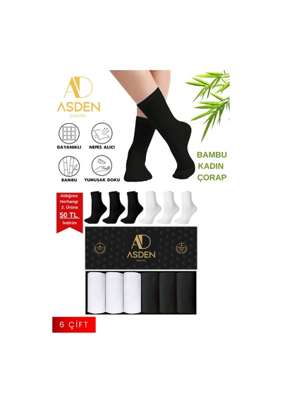 Asden Bambu Kadın Soket Çorap Beyaz Premium 6'lı Kutu, Burun Dikişsiz, Soft Yıkamalı 3 Siyah 3 Beyaz