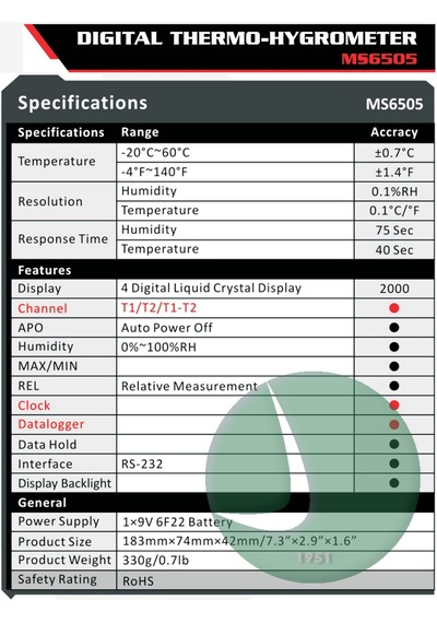 Mastech Ms6505 Nem - Sıcaklık Ölçer / Higrometre Rs-232 ms-6505