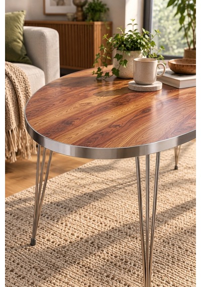 Sulorahome Ceviz Desenli Oval Orta Sehpa Gümüş Metal Ayaklı