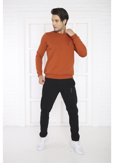 Escetic Erkek Spor Slimfit, Bisiklet Yaka, Kiremit Sweatshirt Tak Kiremit